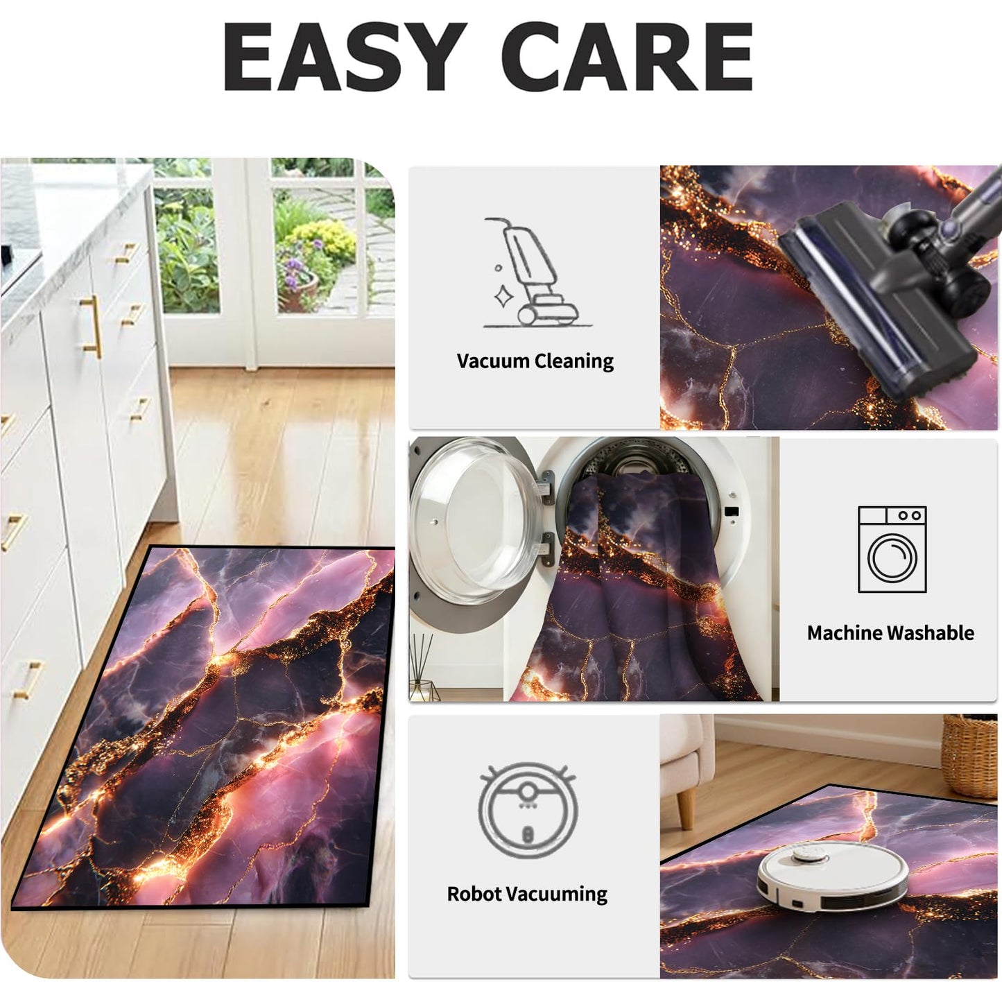 kxry Purple Gold Marble Pattern Area Rug 3x5 for Bedroom Living Room Dining Room Light Luxury Elegant Style Non Slip Washable Low Pile Rug for Entryway Kitchen Doormat Indoor Floor