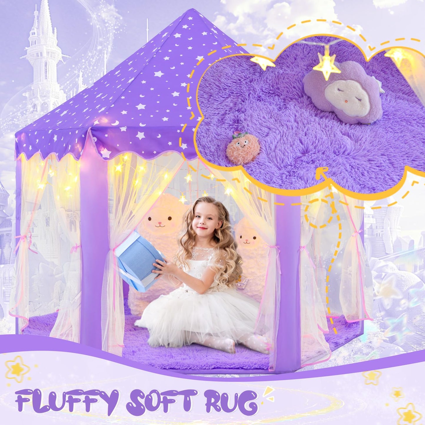 CUBNBUD Purple Hexagon Rug for Princess Tent, 4x4.6Ft Fluffy Area Rug for Girls Room, Shag Plush Soft Carpet for Play Tent, Cute Mat for Princess Room Decor