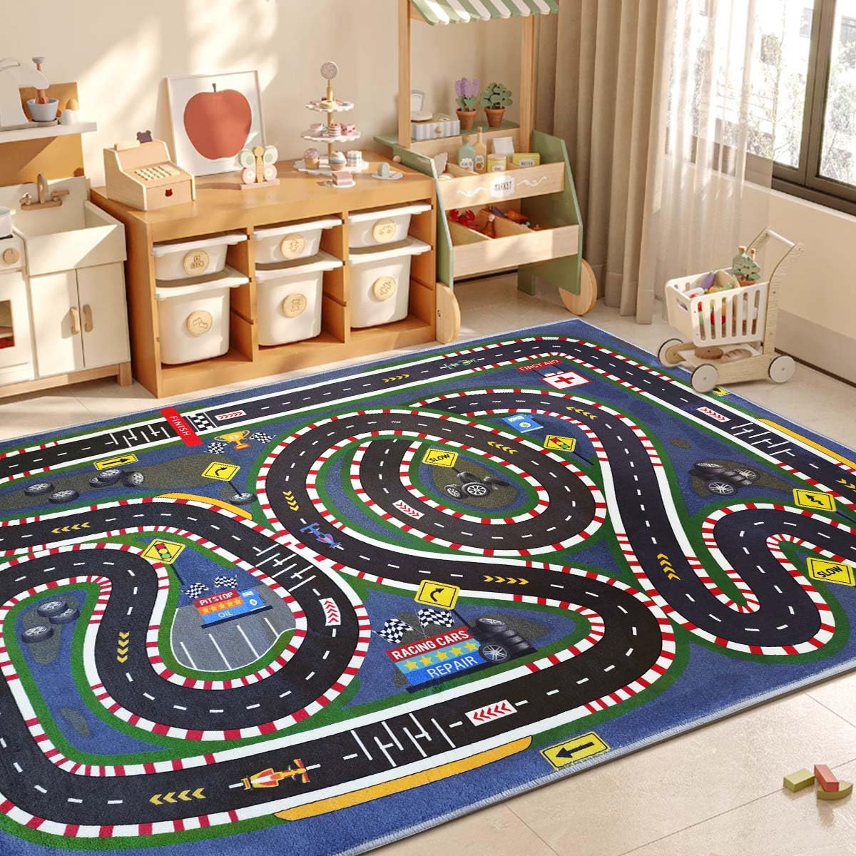 JUFORHQC Kids Rug,Children's Room Rug,Road Race Play Rugs, Rail City Living Rugs, Washable Non-Slip Play Mats. (Dark Blue, 31x47in)