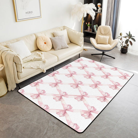 Manfei Pink Bowknot Rug 5x6'6'',Dreamy Princess Style Kids Girls Non Slip Decorative Indoor Mat Rug,Watercolor Bow Geometric Grids White Shedding Rug for Playroom Bedside for Adults Kids