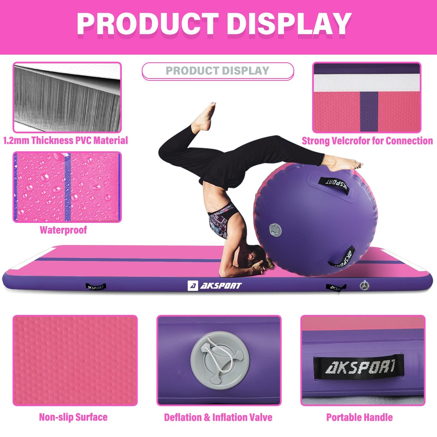 AKSPORT Inflatable Gymnastics Mat with Air Barrel Gymnastics Roller for Back Tumbling/Yoga/Cheerleading/Back Walkovers,with Air Pump