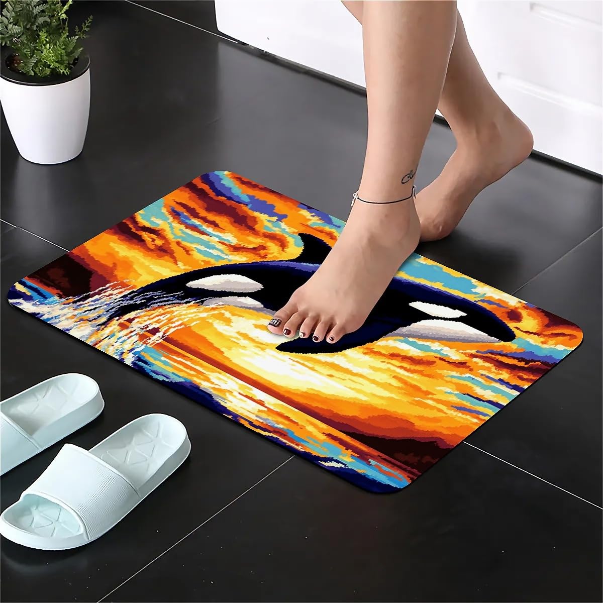 ZHUZHISHAN Bath Mat Rug,Mosaic orca Whale Non Slip Quick Dry Super Absorbent Thin Bathroom Rugs Fit Under Door-Easy to Clean Bathroom Floor Mats-Shower Rug for Shower Sink Bathtub(16" x 24"in)