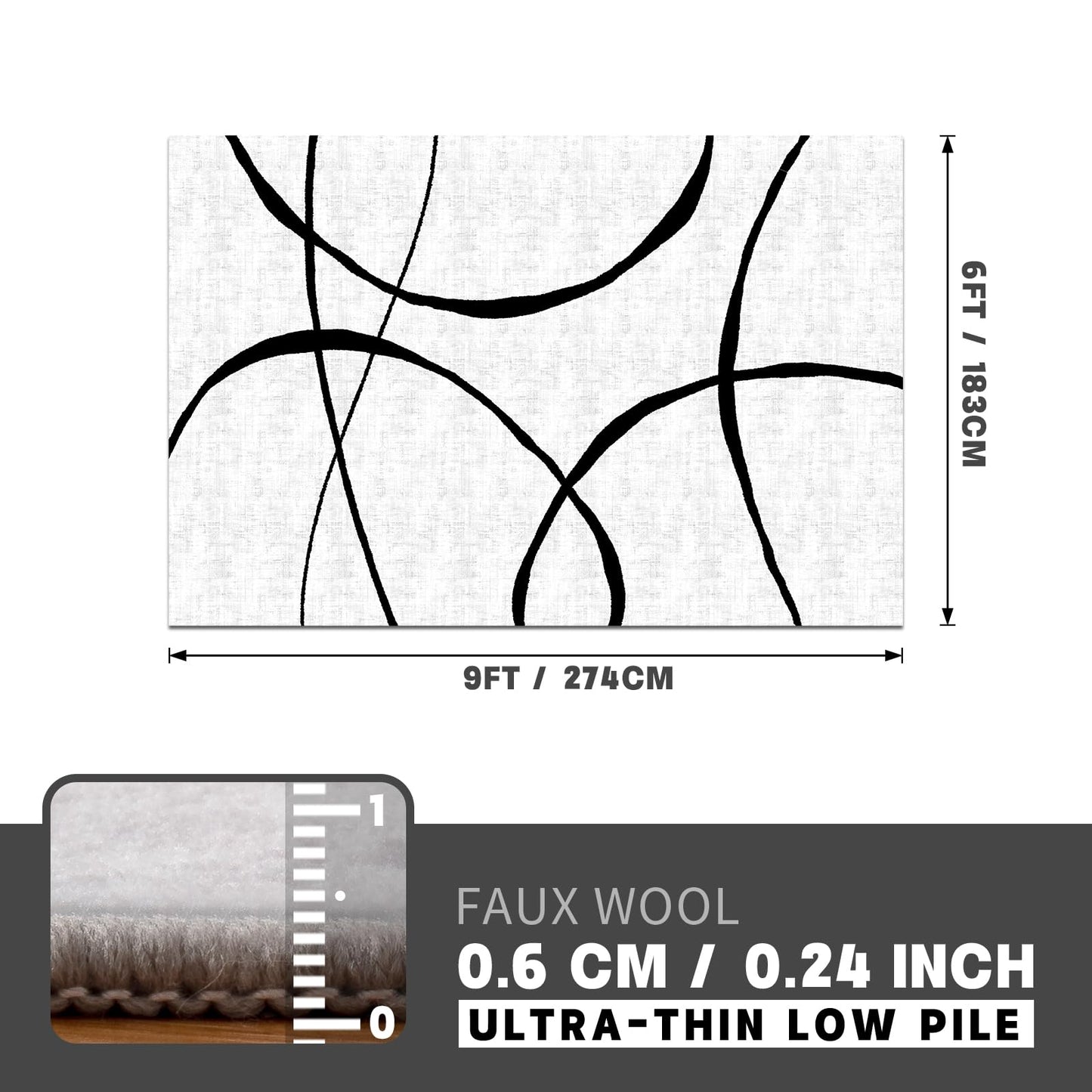 YIHOUSE 6'x9' Black and White Rug- Washable Area Rug for Living Room Bedroom, Large Modern Non-Slip Ultra-Thin Rug Home Decor,Curve,6x9ft