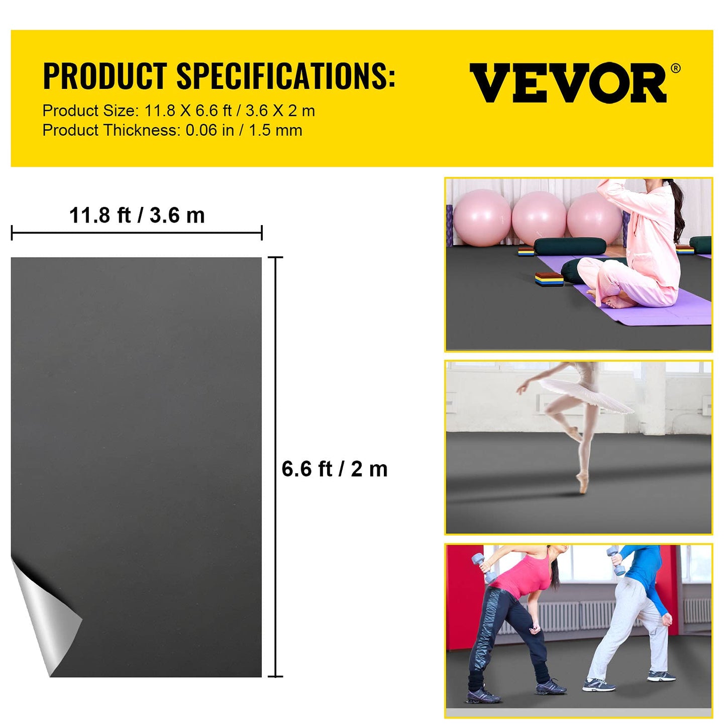 VEVOR Dance Floor 6.6x11.8ft, Portable Dance Floor Roll 0.06in Thick PVC Vinyl Dance Mat Black/Grey Reversible Marley Dance Practice Floor, Non-Slip Dance Flooring for Ballet Jazz Pop Lyrical Style