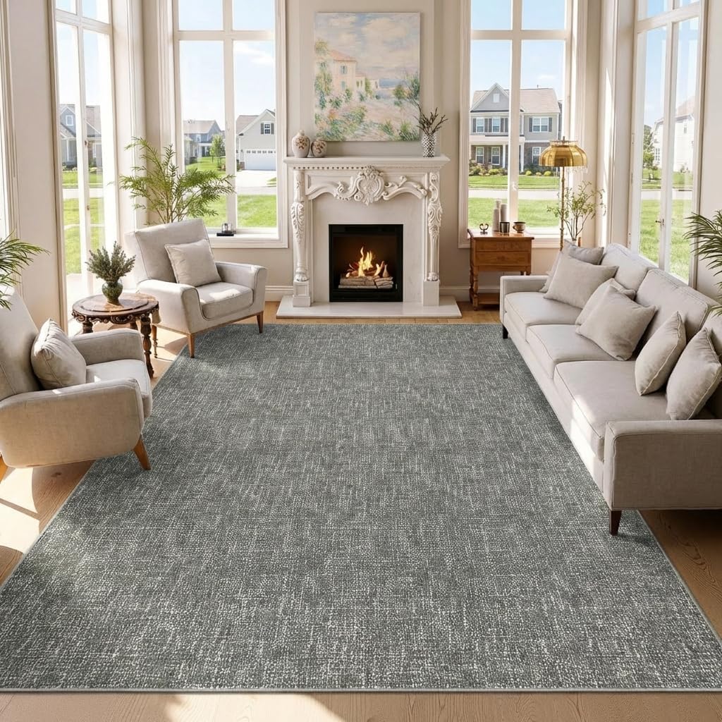 Garvee Modern 6x9 Living Room Rug Solid Color Throw Rugs with Rubber Backing Washable, Non Shedding Stain Resistant Textured Mats Low Pile Soft Neutral Carpet for Bedroom Nursery Bathroom, Grey