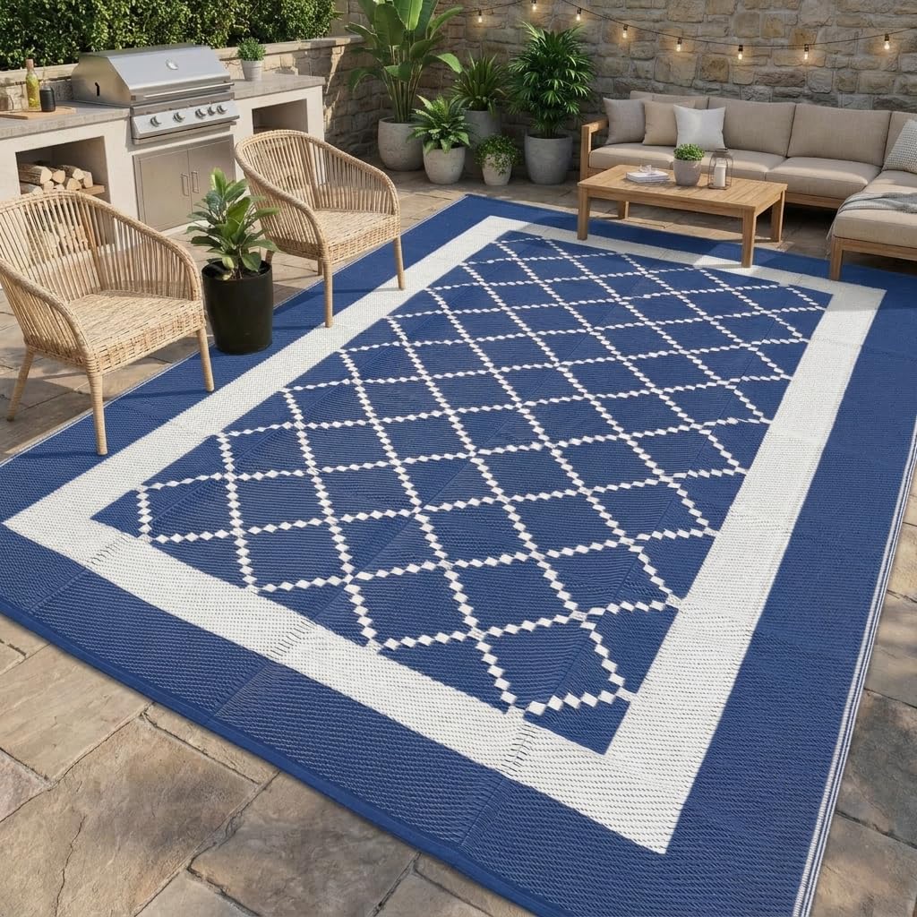 GAOMON Outdoor Plastic Straw Rug 9x18 Waterproof Patio Rug Reversible Camping Mat, Foldable Portable RV Picnic Carpet with Bag & 4 Stakes, UV Resistant Outside Carpet for Deck Balcony, Navy