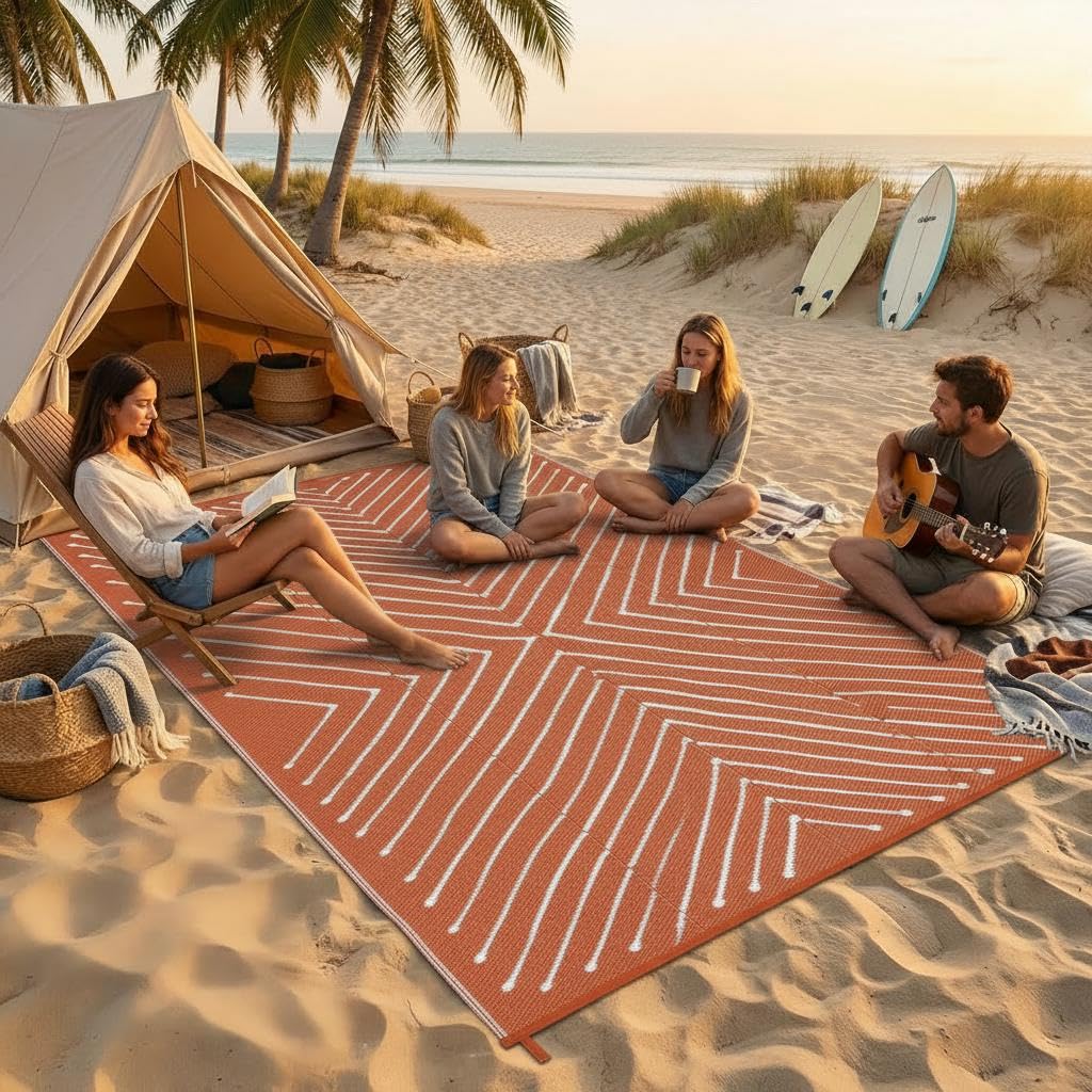 Garvee 5x8 Striped Outdoor Waterproof Rug - Reversible Modern Striped Plastic Straw Patio Mat, Portable RV Camping Rug for Picnic, Beach, Balcony, Deck - UV Protected & Easy to Clean, Orange&White.