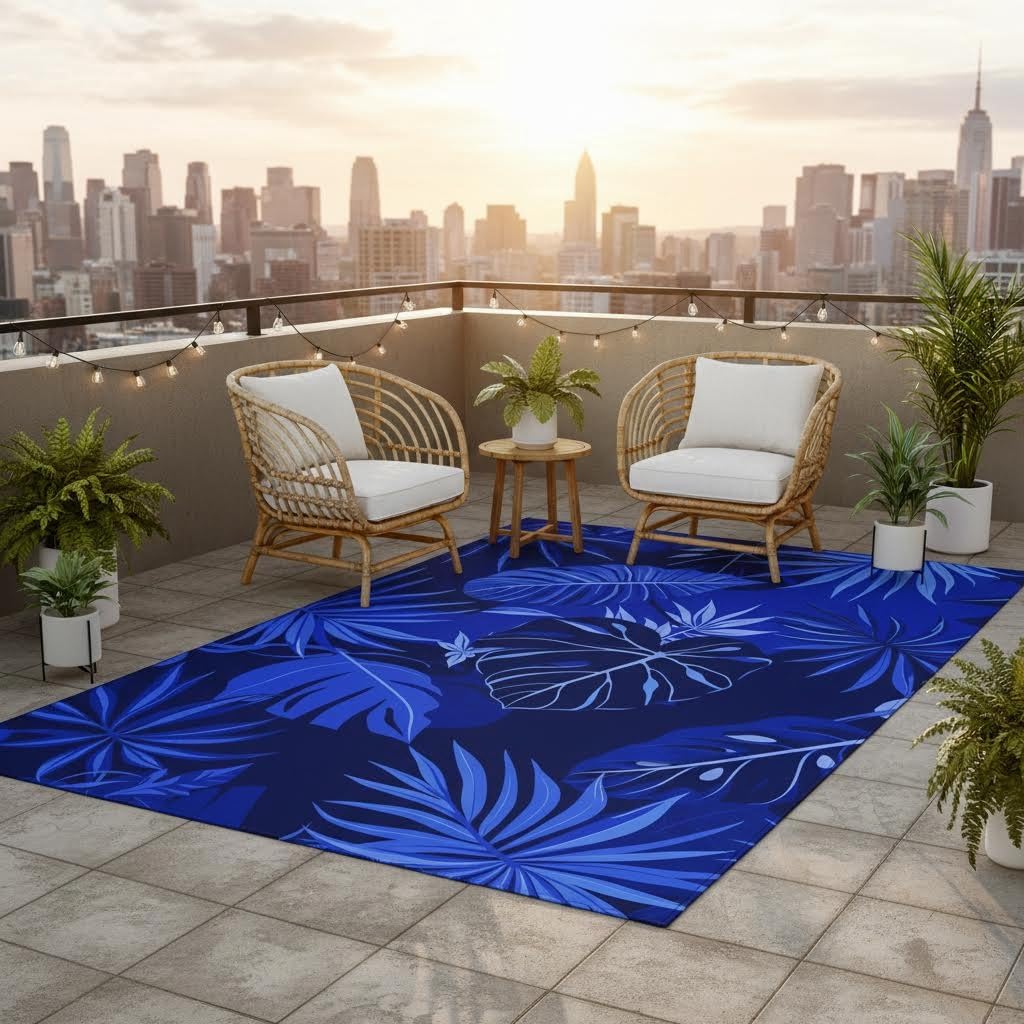 Mamatong Waterproof 2x3 Machine Washable Tropical Outdoor Area Rug for Patio Porch Balcony Deck Garden Non-Slip Stain Resistant Royal Blue Boho Poolside Backyard Camping RV Picnic Thin Outside Rugs
