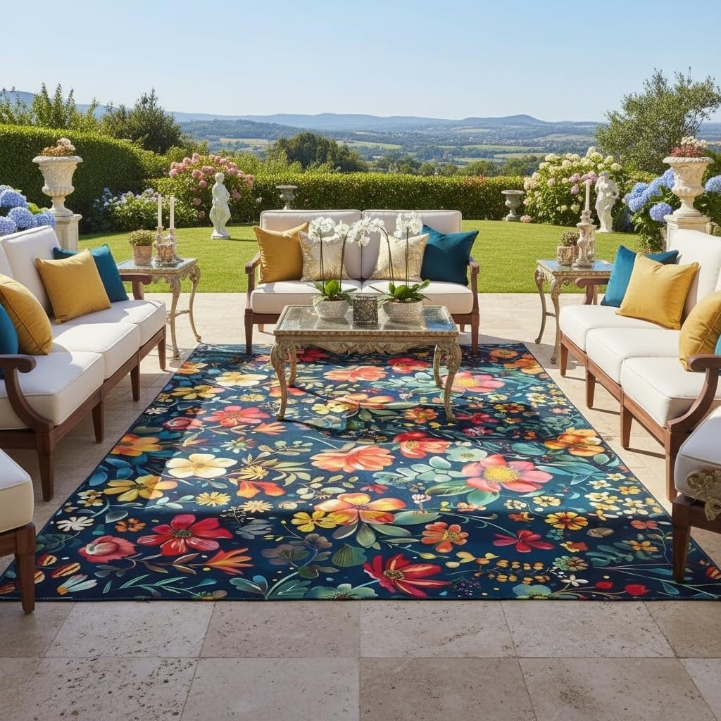Retro Floral Outdoor 2x3 Area Rug for Patio Porch Balcony Garden Deck Washable Waterproof Large Carpet Tropical Boho Red Orange Flower Print Front Yard Camping Easy Clean Non Skid Picnic Camping Mat