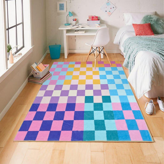 Aukib Multicolored Checkered Rug 4x6 Modern Bedroom Funky Area Rug Checkered Washable Colorful Area Rug Soft Non-Slip Low-Pile Carpet for Nursery Dorm Kitchen Living Room Deco