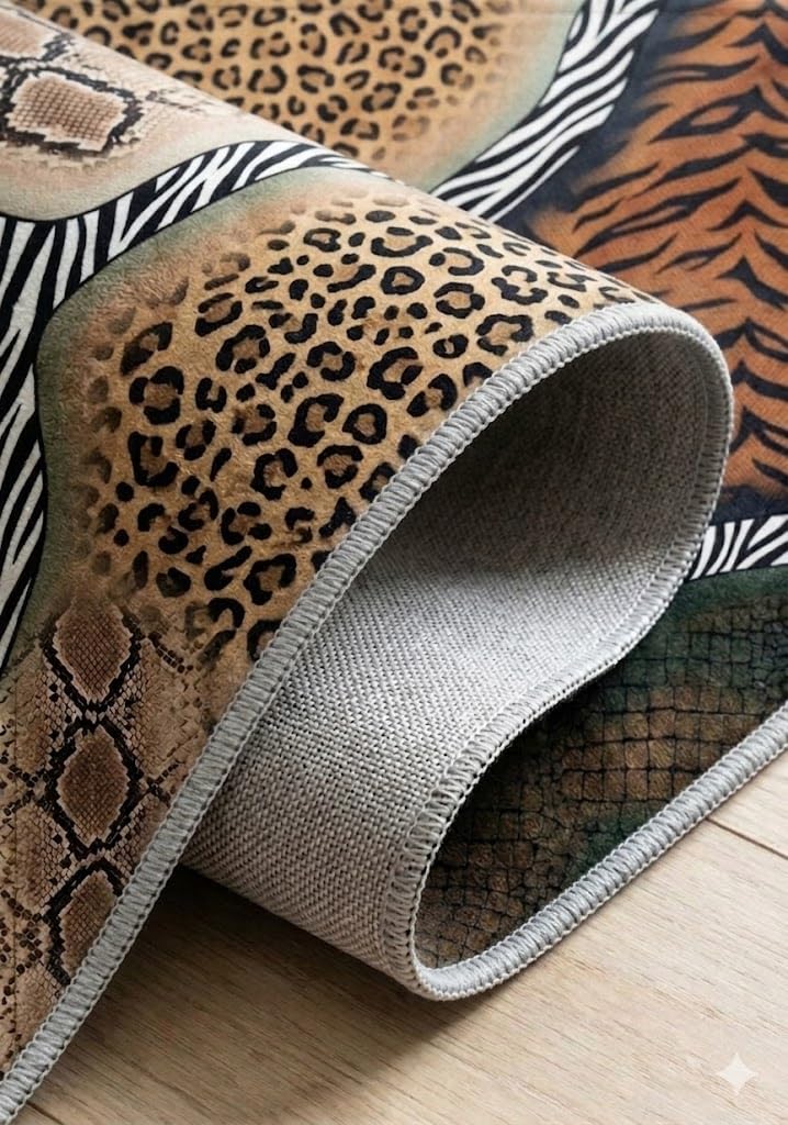 ERYATOU 5x7 Leopard Print Area Rug, Mixed Animal Print Patchwork Rug, Washable Non-Slip Low Pile Faux Cashmere Carpet for Living Room, Bedroom, Home Office Decor