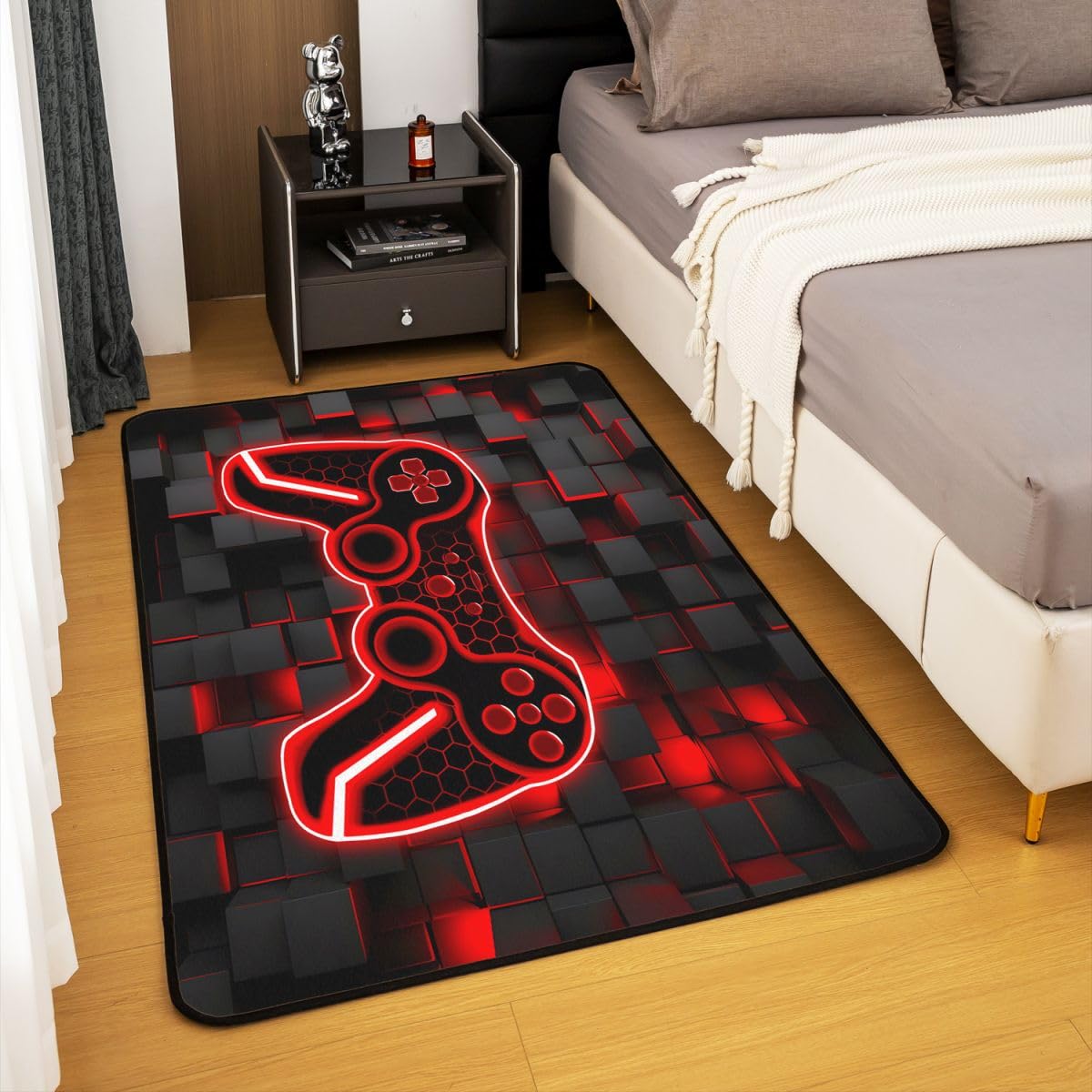Feelyou Kids Gamer Area Rug 3x5 Red and Black Rugs for Living Room Bedroom for Boys Teens Room Decor Gaming Ombre Decorative Rug Set Geometric Square Indoor Floor Mat