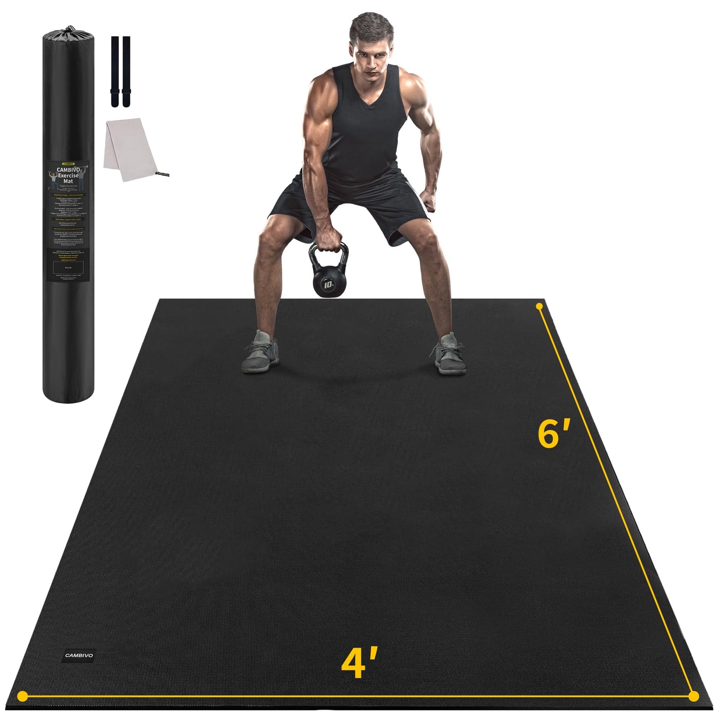 CAMBIVO Large Exercise Mat for Home Gym, 8'x6'/7'x5'/6'x4' (7mm) High-Density PVC Extra Thick Workout Mat, Non-Slip Shoe-Friendly Gym Flooring Mat for Jump Rope, Weights, Cardio, Garage & Home Workout (Ink Black)