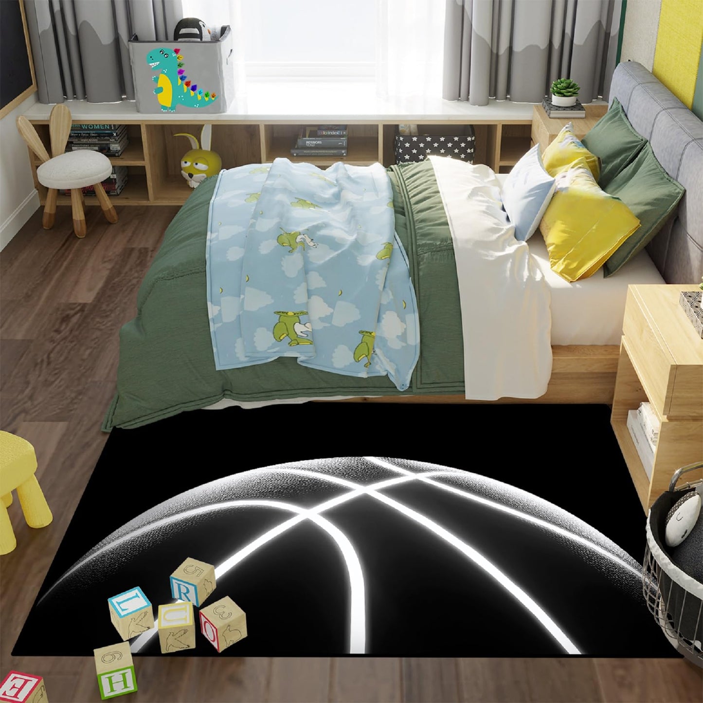 Basketball Rug for Boys Bedroom - Black Basketball Area Rug Basketball Decor Floor Kids Room Carpet Fun Sport Basketball Rug Printed White Ball Playroom Mat,2'6''×4'