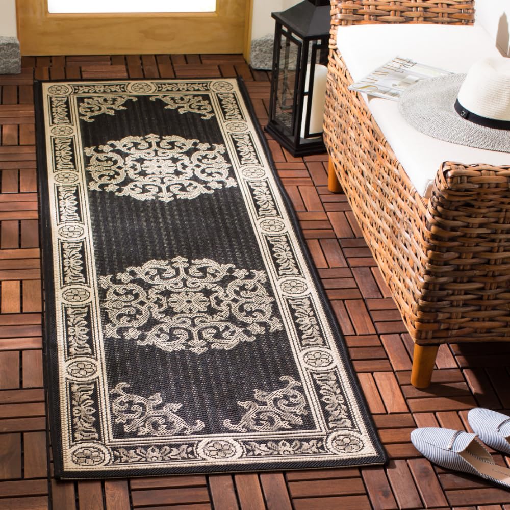 SAFAVIEH Washable Rug Outdoor Courtyard Collection - 2'3" x 6'7" Runner, Black & Sand, Non-Shedding & Easy Cleaning, Ideal for Patio, Entryway, Mudroom, Hallway, Kitchen (CY2914-3908)