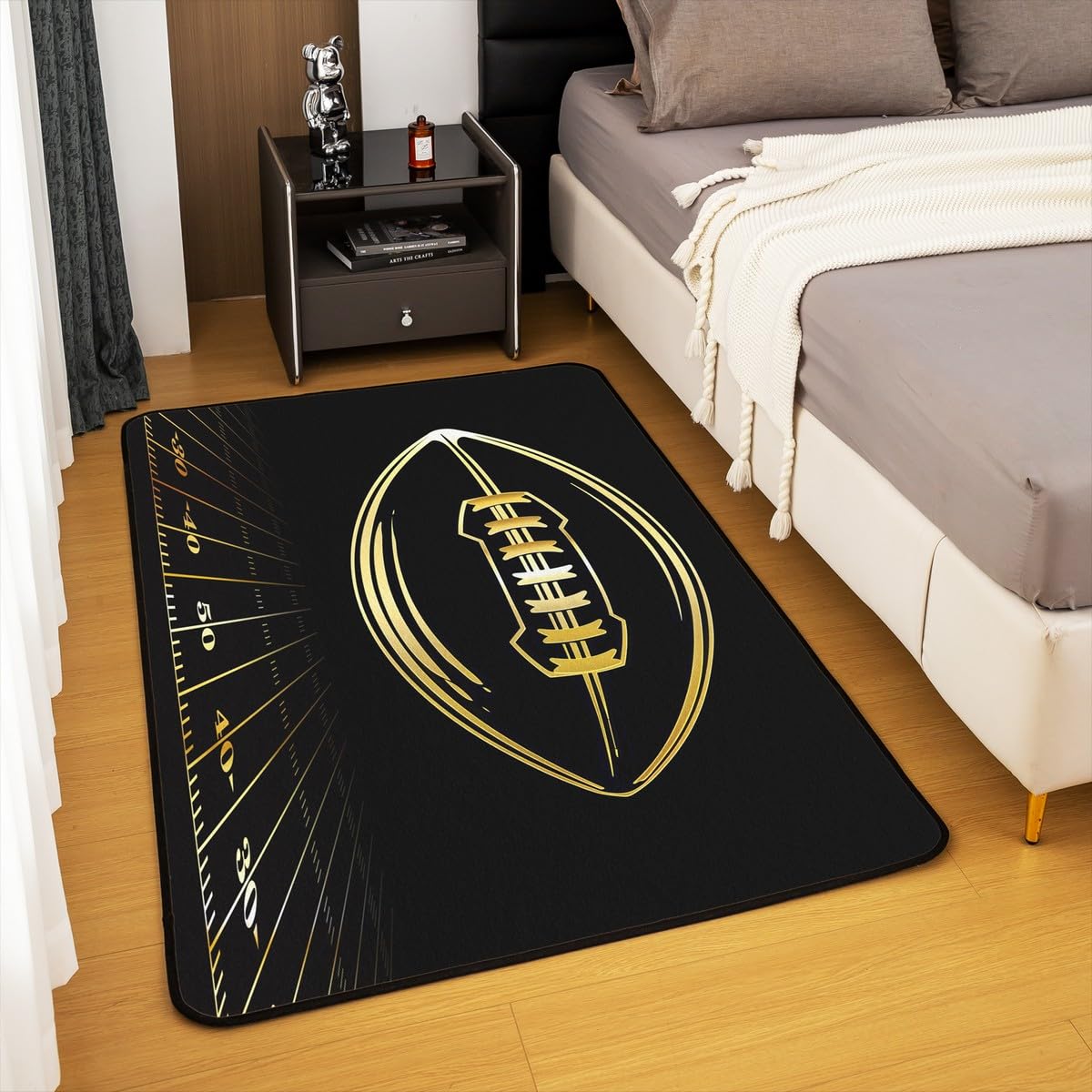 jejeloiu Football Area Rug 4x5 Black Gold Rugby Ball Game Rug for Living Room Bedroom Soft Sports Theme Decorative Carpet Rug Indoor Floor Mat Accent Rug for Playing Room Kitchen Home