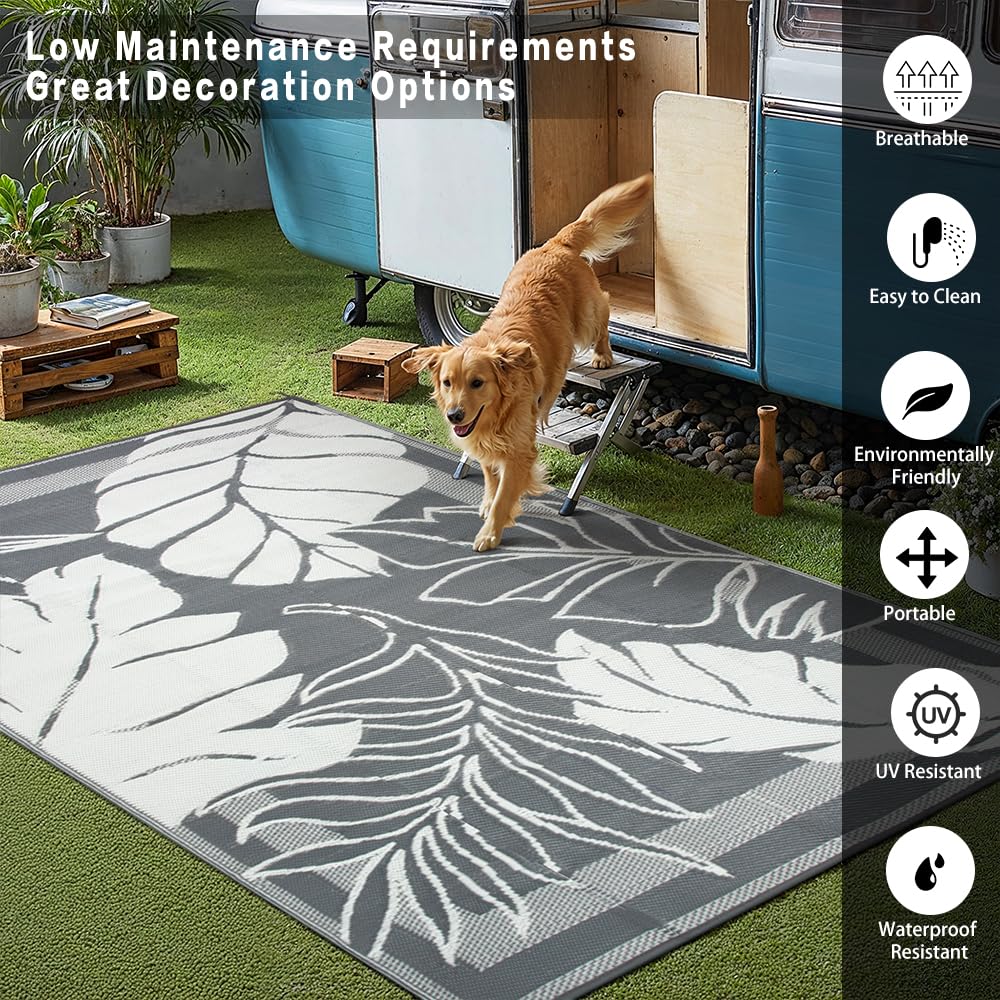HUGEAR 9'x12' Outdoor Rug Waterproof Plastic Straw Rugs Large Grey Reversible Olive Leaf Mat Floor Carpet for Camping RV Deck Entryance Porch Picnic Balcony Beach Backyard