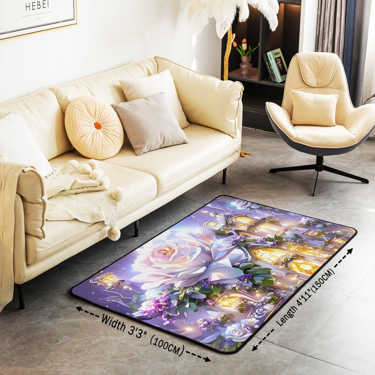 Rose Flower Area Rug 3'x5',Green House Non Slip Carpet for Kids Boys Girls Adults,Castle Princess Floor Mats,Purple White Rug for Living Room Bedroom Playroom Backyard