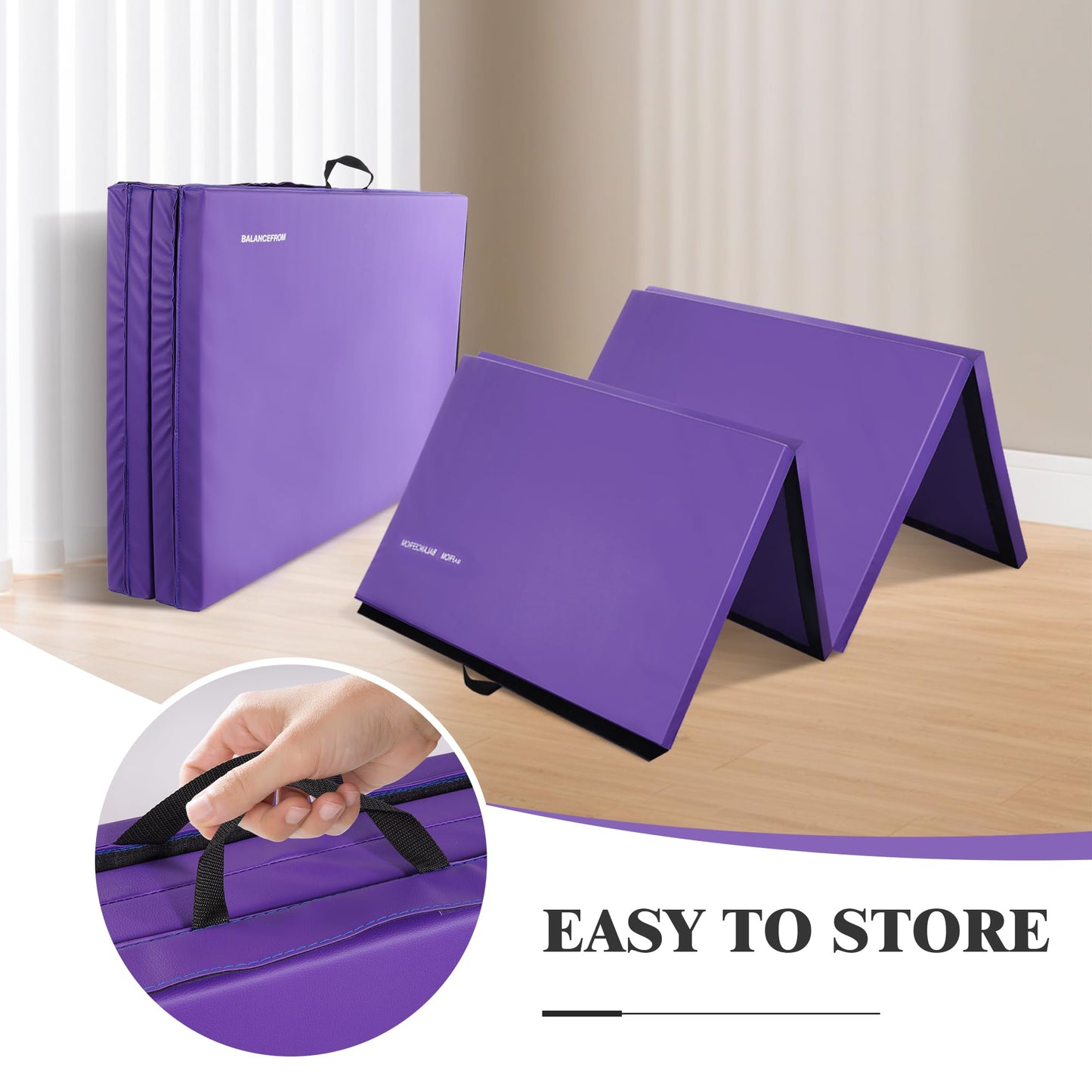 Fitvids Gymnastics Mats for Tumbling, 4'x8'x1.9" Folding Exercise Gym Mat with Carrying Handles High-Density Anti-Tear Martial Arts Fitness Aerobics Mat for Home Gym Yoga Pilates MMA Core Training, Purple