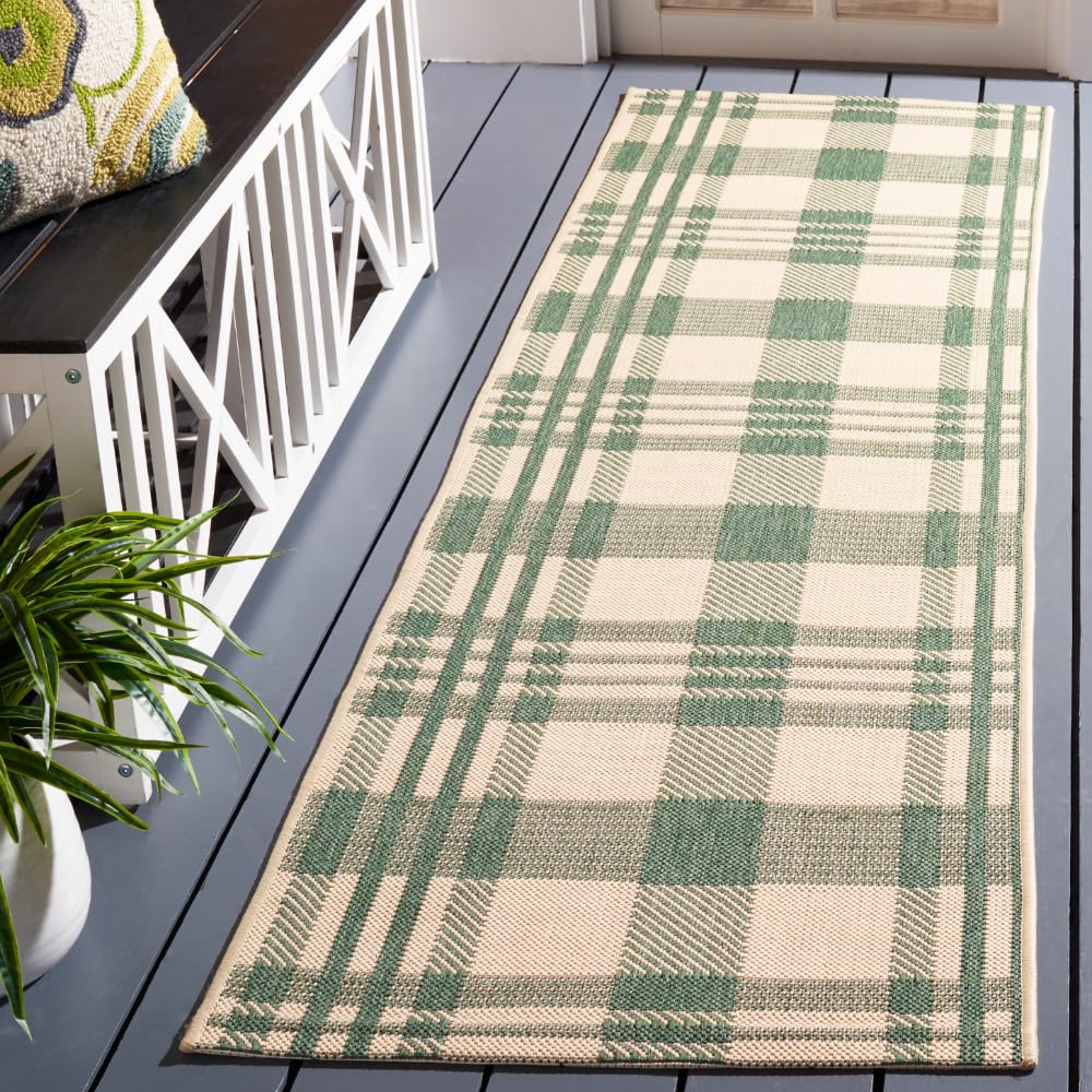 SAFAVIEH Washable Rug Outdoor Courtyard Collection - 2'3" x 6'7" Runner, Green & Beige, Plaid Pattern, Non-Shedding & Easy Cleaning, Ideal for Patio, Entryway, Mudroom, Hallway, Kitchen (CY6201-322)