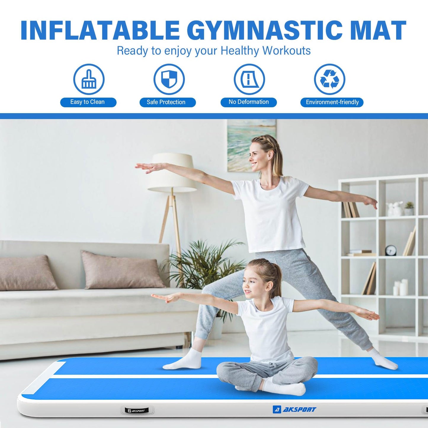 AKSPORT Air Mat Tumble Track 10ft 13ft 16ft 20ft Gymnastics Tumbling Mat Inflatable Tumble Track with Electric Air Pump for Home Use/Tumble/Gym/Training/Cheerleading (double blue, 13x3.3ftx0.33ft)