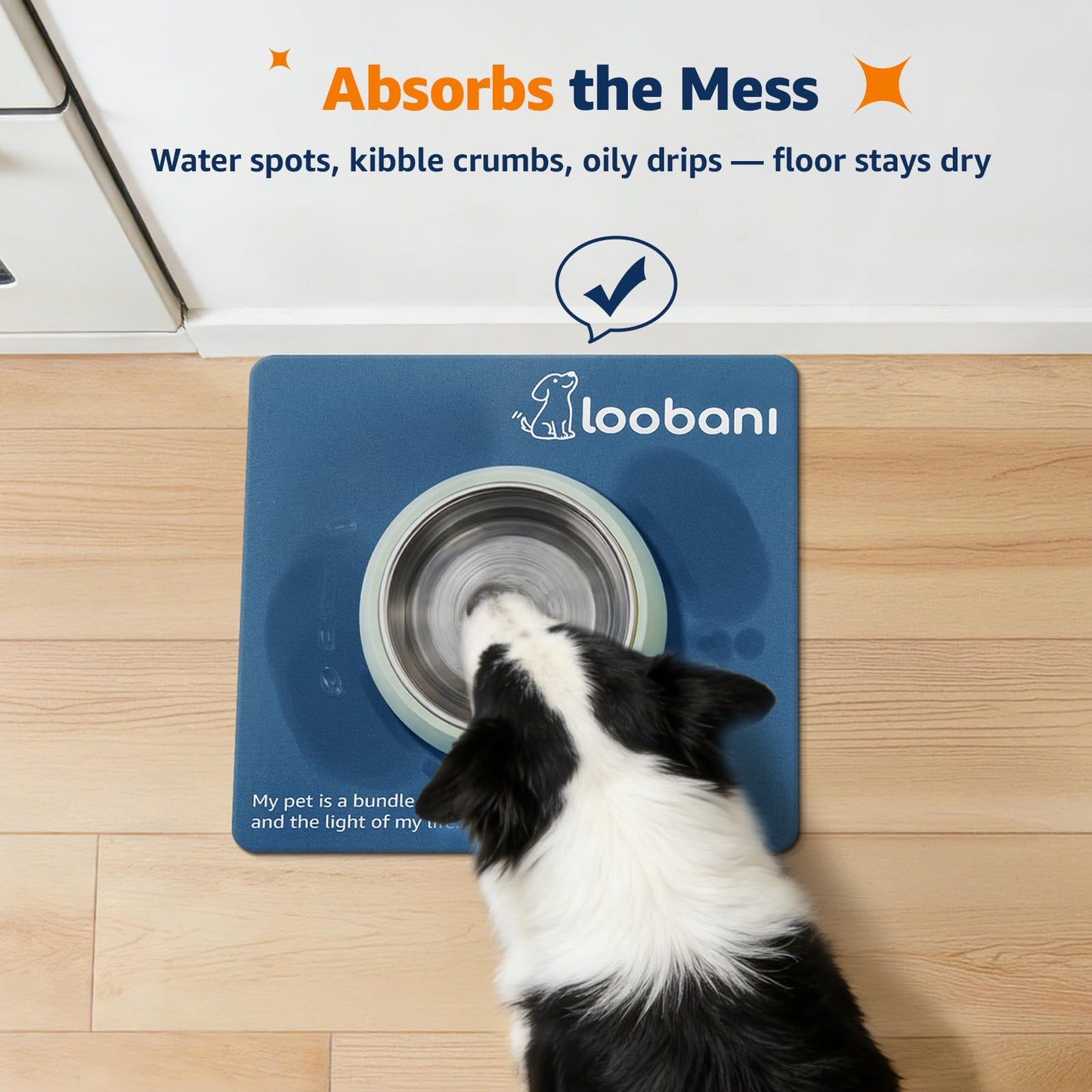 LOOBANI Dog Food Mat for Floors Waterproof 17.3"x17.3"- Absorbent Dog Bowl Mat for Food and Water Bowl, Leakproof Rubber Backing, Dog Feeding Mat for Dog, Cat, Pet (17.3"x17.3", Dark Blue)