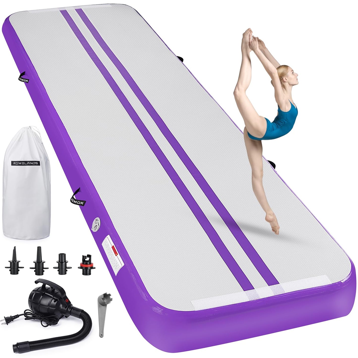 ROMELANDS Inflatable Air Gymnastics Mat, 10ft Tumble Track Tumbling Mats with Electric Air Pump for Home/Gym/Training/Cheerleading/Beach/Park/Yoga/Water