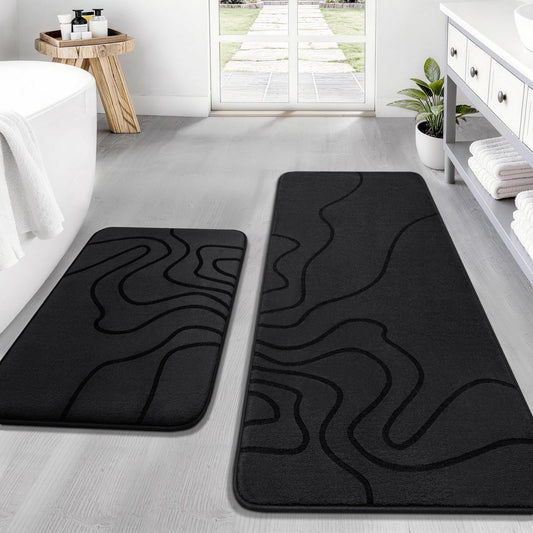 YIHOUSE Memory Foam Bathroom Rugs Sets 2 Piece - Extra Thick Ultra Soft Absorbent Bath Mat Set, Non-Slip Machine Washable Bath Rugs for Bathroom, Tub & Shower, Home Decor (17"x24"+20"x46", Black)