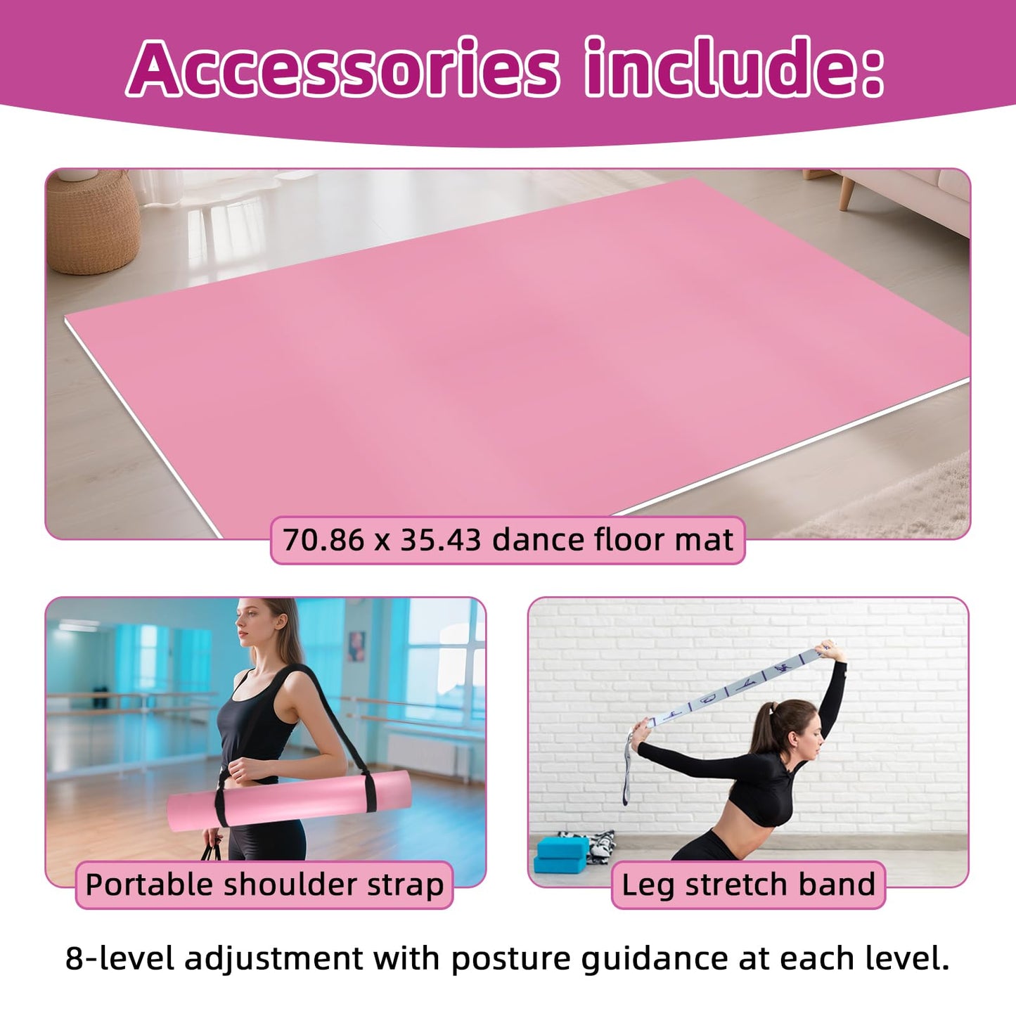 NZELSW Dance Floor Mat Non-Slip with Shoulder Strap Portable and Dance Resistance Band, Dance Floor for Ballet,Jazz, Pop Thick PVC Practice Floor Reusable Mat (Pink, 180cm*90cm*0.35cm)
