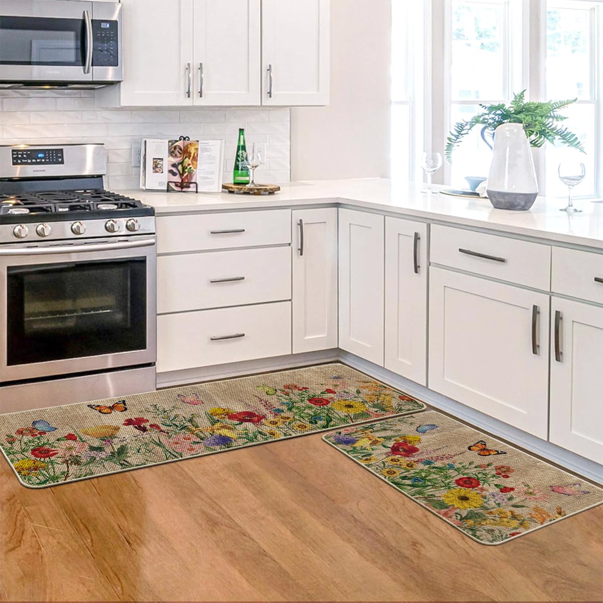 Artoid Mode Wood Flowers Butterfly Spring Kitchen Mats Set of 2, Seasonal Home Decor Leaves Low-Profile Kitchen Rugs for Floor - 17x29 and 17x47 Inch