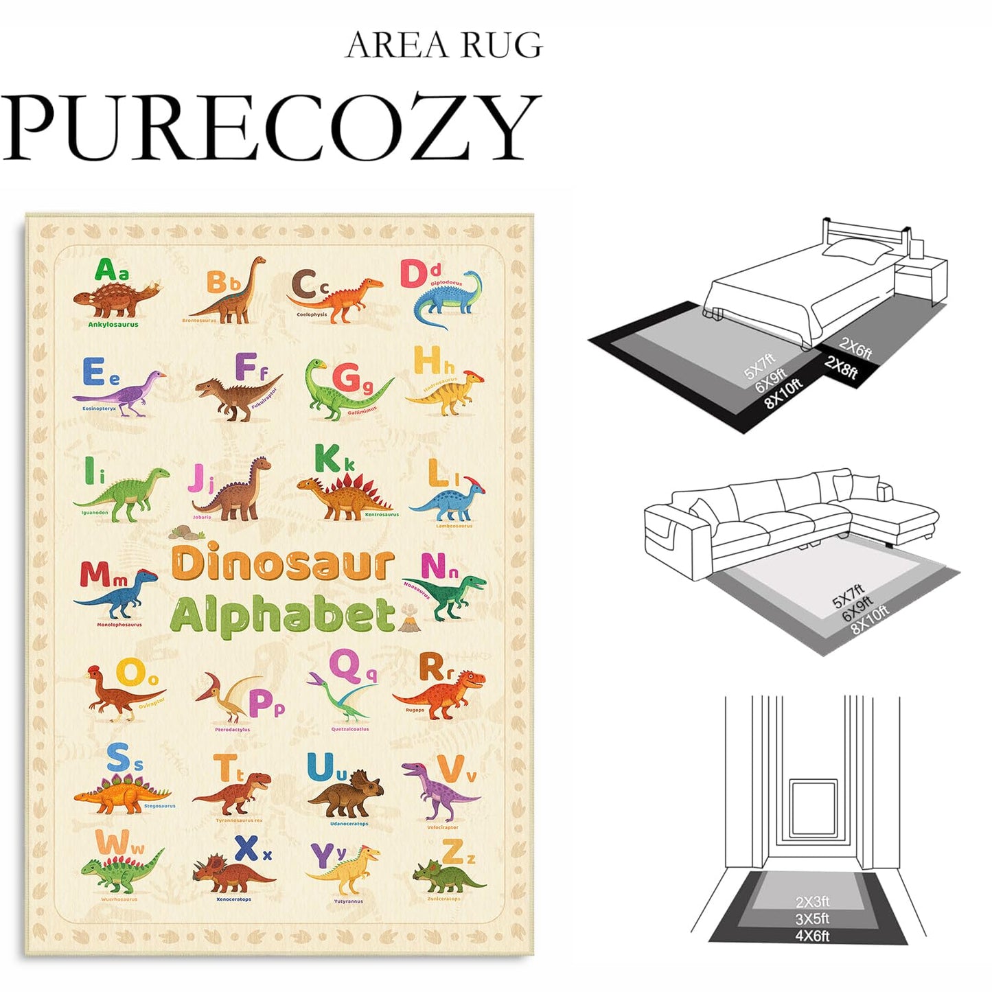 Area Rug 6x9 Living Room Dinosaur Rug Dino Alphabet Toddler Educational Area Rugs Machine Washable Non Slip Low Pile Large Dining Room Indoor Floor Carpet for Kids Room Nursery Playroom,Beige