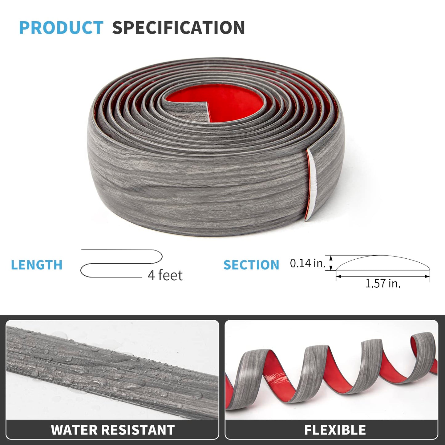 Art3d Self Adhesive Vinyl Floor Transition Strip, Laminate Floor Strip Floor Flat Divider Strip for Joining Floor Gaps,Carpet Threshold, Floor Tiles（4 FT, 1.57in, Gray）