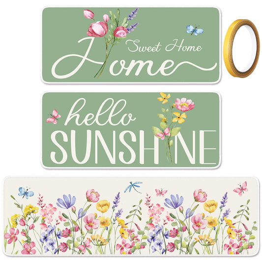 Dunzy Summer Kitchen Rugs Set of 3 Hello Sunshine Kitchen Mats for Floor Seasonal Decor Garden Floral Butterfly Sweet Home Anti Slip Bathroom Rug for Summer Indoor Home Decoration, 16 x 30, 16 x 48 In