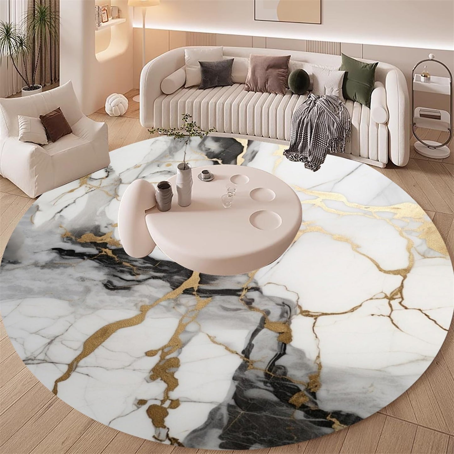 Unique Aesthetic Modern Abstract Black Grey Gold Marble Round Area Rug for Living Room Bedroom Guestroom Art Deco Luxury Circle Office Meetingroom Carpet Kitchen Nursery Playroom Floor Rug 6ft