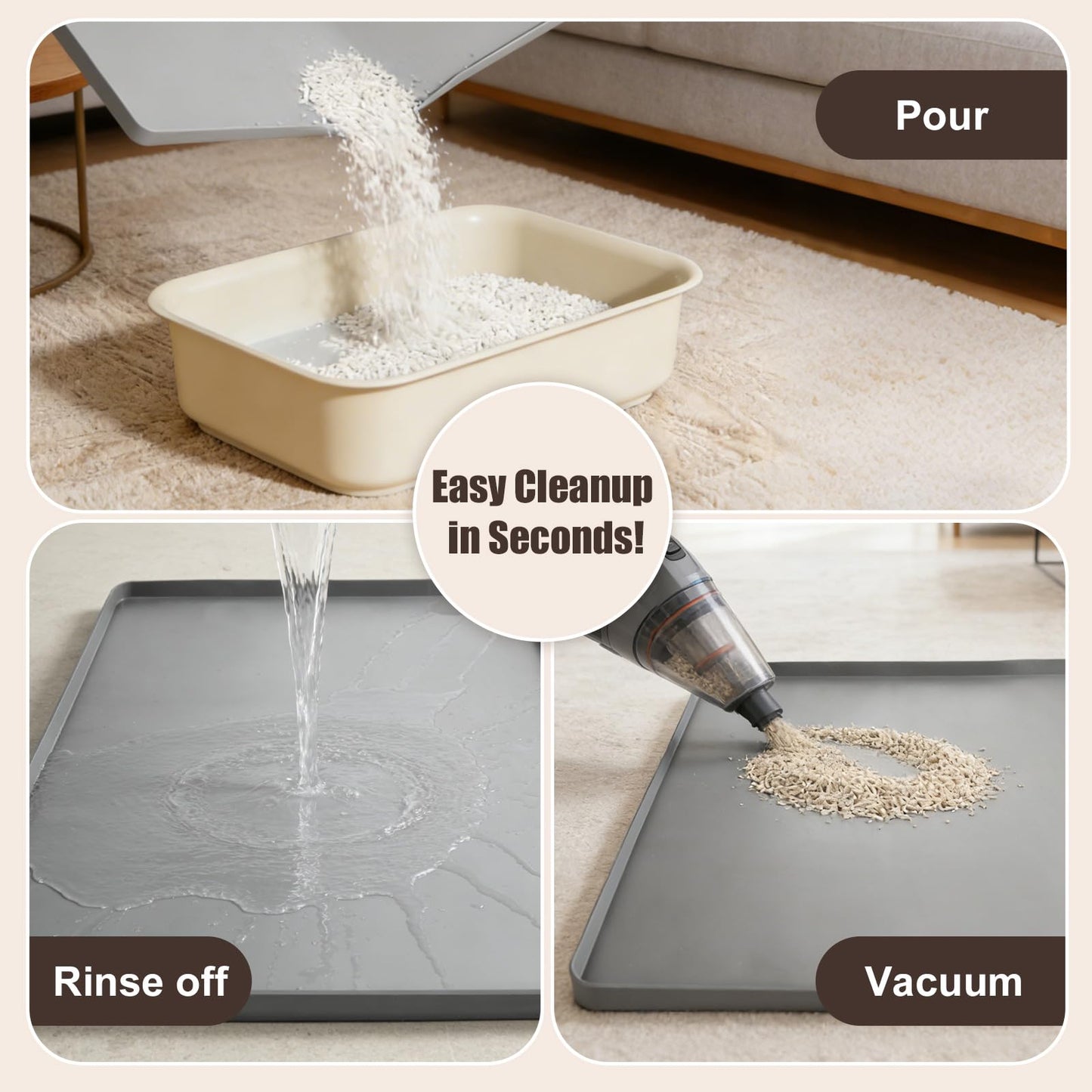 Silicone Cat Litter Mat 24x20 in Waterproof Litter Box Mat Leak-Proof Thick Under Kitty Litter Box Feeding Tray with Raised Edges for Floor Carpet, Grey