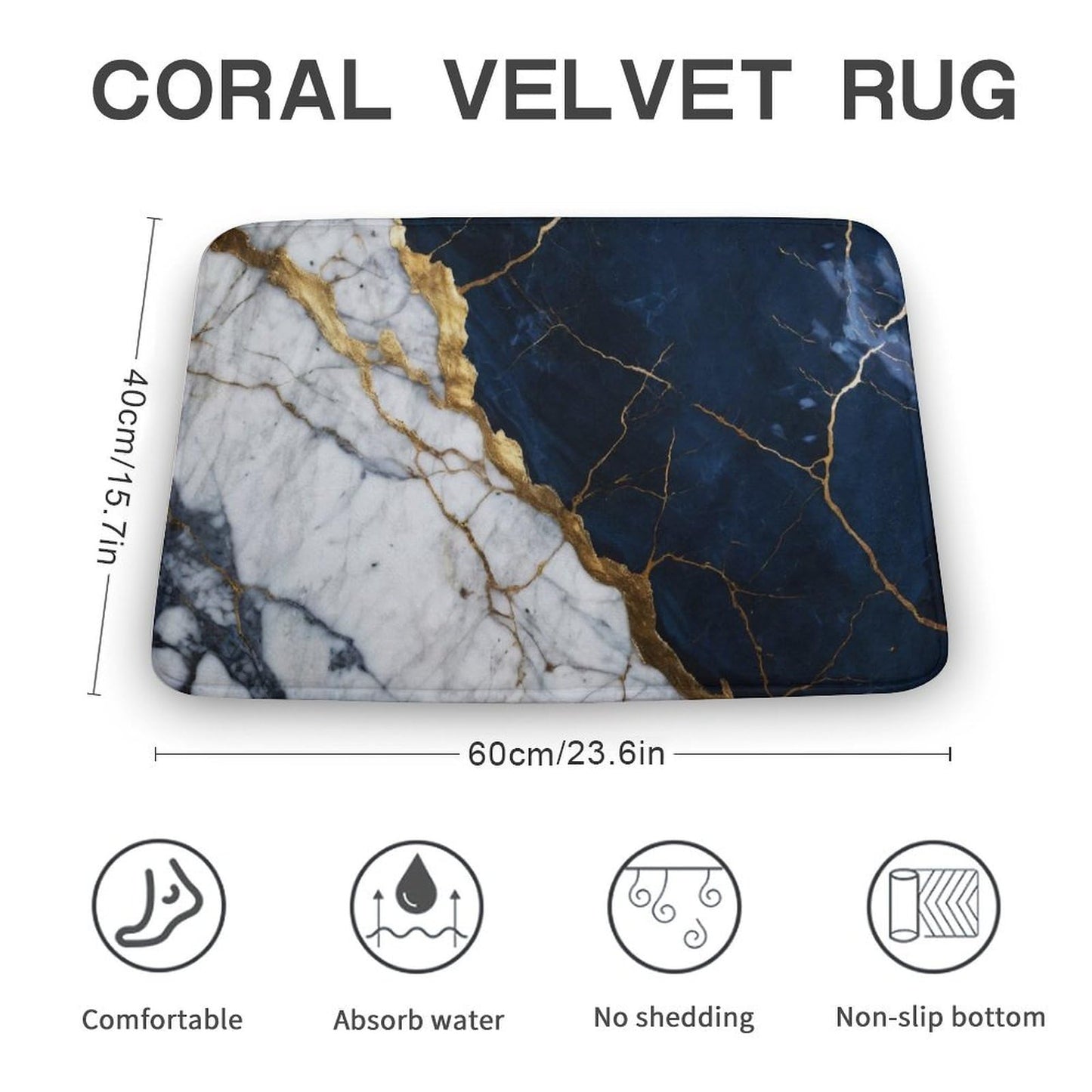 Marble Bath Rug 15.7" x23.6, Modern Foil Texture White Navy Blue Gold Marble Ultra Absorbent & Non-Slip Bath Carpet, Machine Washable, Soft Microfiber Bath Mats for Bathtub Laundry, Bathroom Floor