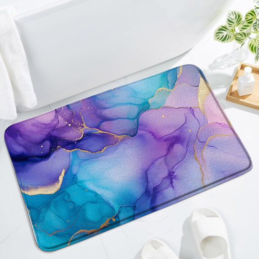 Modern Marble Bath Mat Abstract Teal Purple Blue Luxury Texture Stone Cracked Watercolor Aesthetic Decor Bathroom Rug Floor Mat