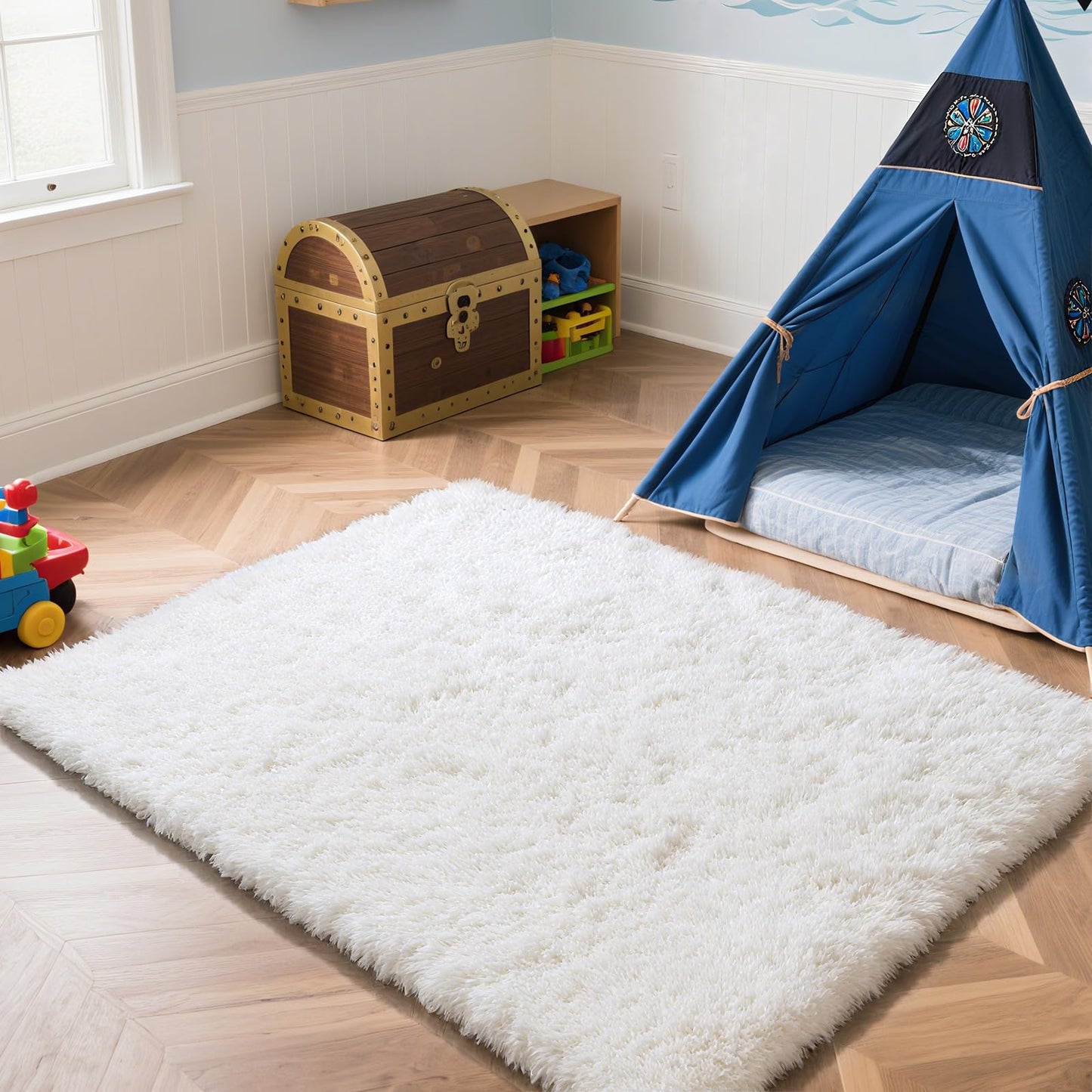 Fluffy Rug Shag Area Rug, White 4x6 Area Rugs for Bedroom, Small Bedside Rug, Soft Fluffy Shag Entryway Throw Rugs for Living Room Bedroom Room Home Decor