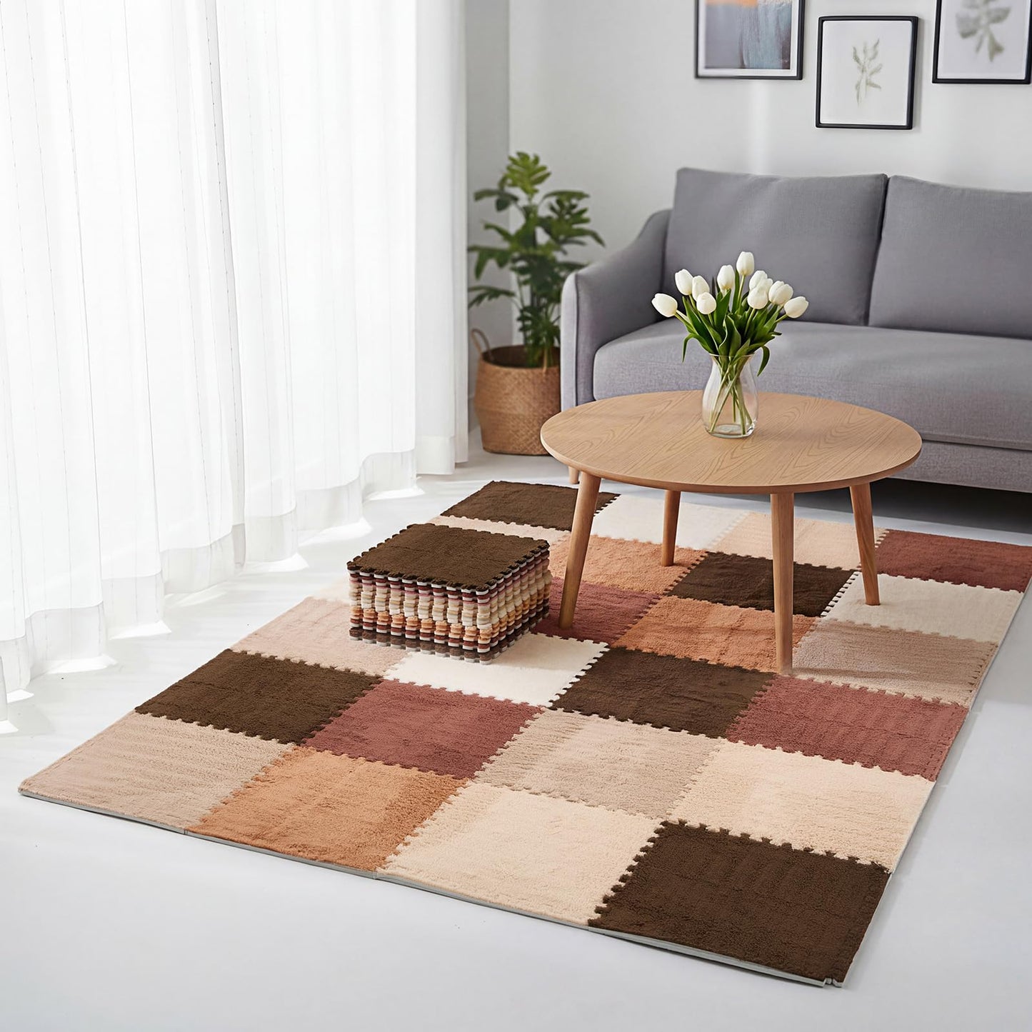 Tinideya 18 Pcs Plush Interlocking Carpet Tiles, 12 x 12 x 0.4 Inch EVA Foam Puzzle Mat Squares, Soft Washable Anti Slip Floor Mat for Bedroom, Nursery, Playroom, Living Room, Farmhouse Colors