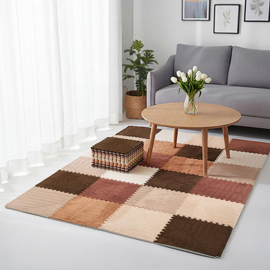 Tinideya 12 Pcs Plush Interlocking Carpet Tiles, 12 x 12 x 0.4 Inch EVA Foam Puzzle Mat Squares, Soft Washable Anti Slip Floor Mat for Bedroom, Nursery, Playroom, Living Room, Farmhouse Colors