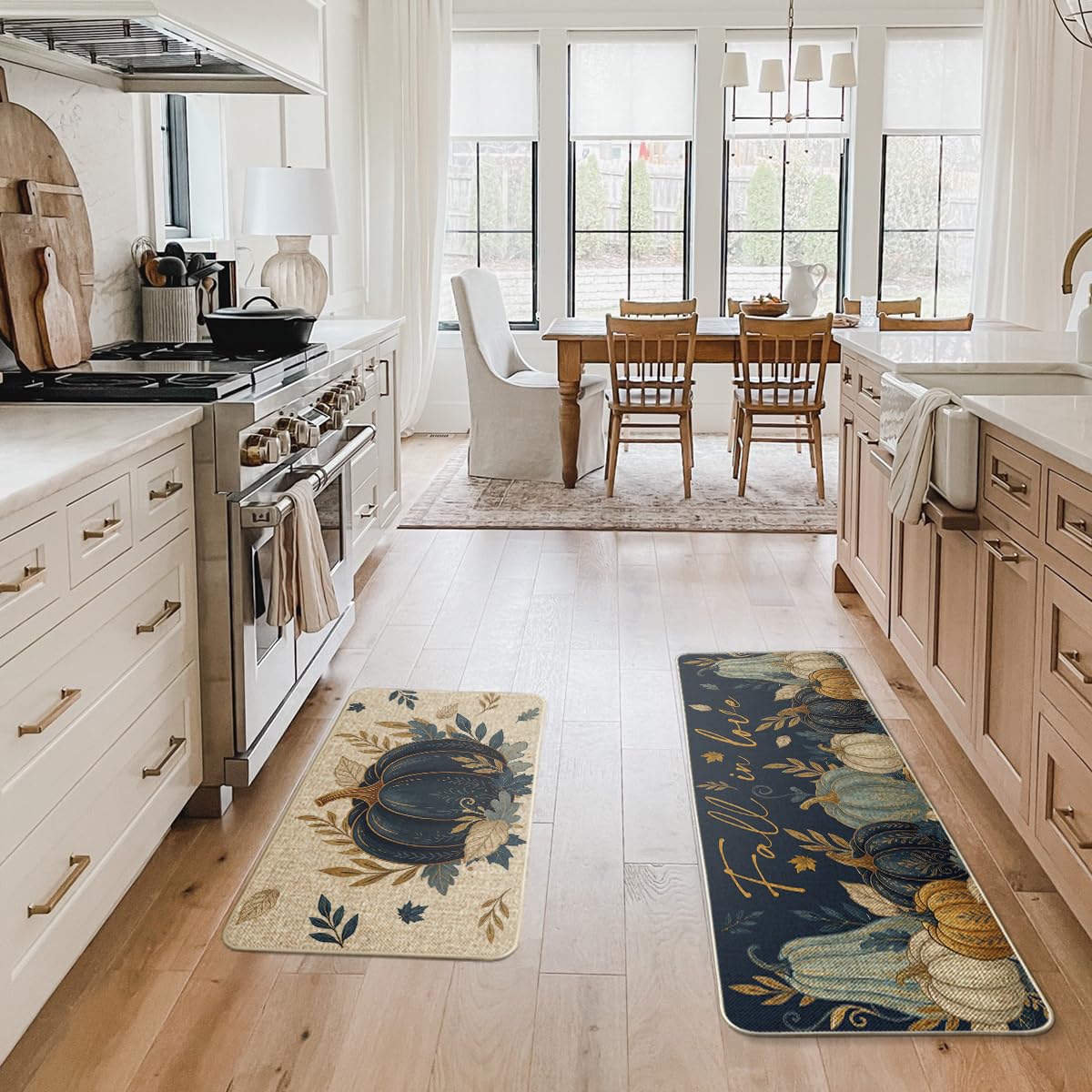 Artoid Mode Blue Pumpkin Leaves Fall Kitchen Mats Set of 2-17x29+17x47