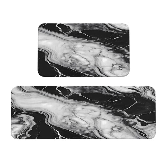 Sovvin White and Black Marble Texture Kitchen Rugs Microfiber Floor Mats Marbling Cushioned Carpet Runner Rug for Laundry Bathroom Living Room, 2 Piece Set 17"X 47" + 17"X 30"