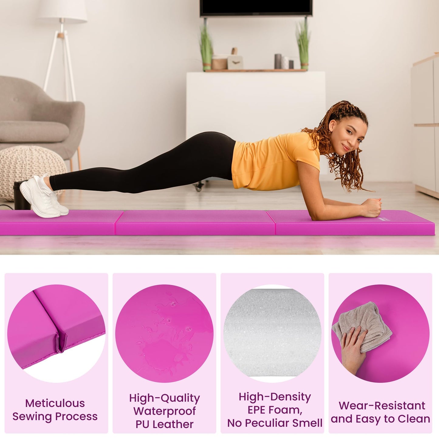 Fitvids Folding Exercise Gymnastics Mat for Tumbling, 2'x6'x2" Gym Workout Mat with Carrying Handles High-Density Anti-Tear Portable Fitness Aerobics Mats for Home Gym Yoga Pilates MMA Core Training, Pink
