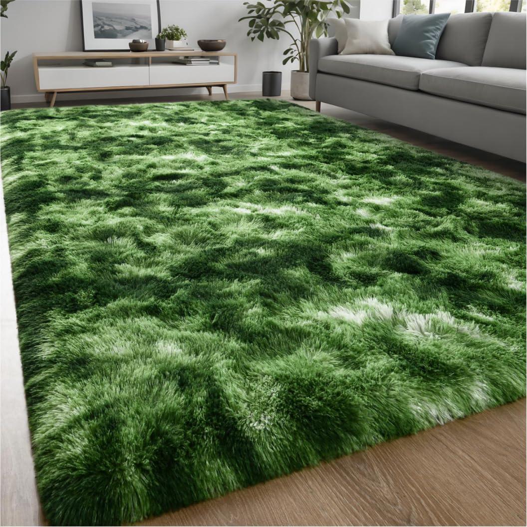 Larhom Nuttumico Fluffy Modern Area Rugs for Living Room Bedroom, 4x6 Feet Plush High Pile Dark Green Rug for Kids Girls Room Nursery Home Decor, Upgrade Non-Slip Girls Bedroom Soft Indoor Rug