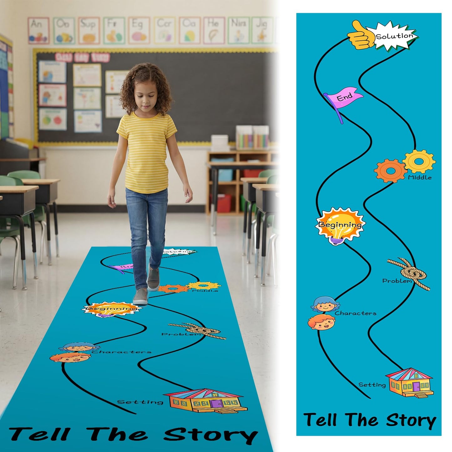 Klyyo Clyro 12ft Tell The Story Reading Corner Rugs for Classroom Back to School Walk on Retell Story Map Runner Carpet for Kindergarten Elementary ELA Language Lesson Activity Educational Supplies