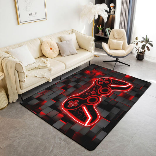 Feelyou Kids Gamer Area Rug 3x5 Red and Black Rugs for Living Room Bedroom for Boys Teens Room Decor Gaming Ombre Decorative Rug Set Geometric Square Indoor Floor Mat