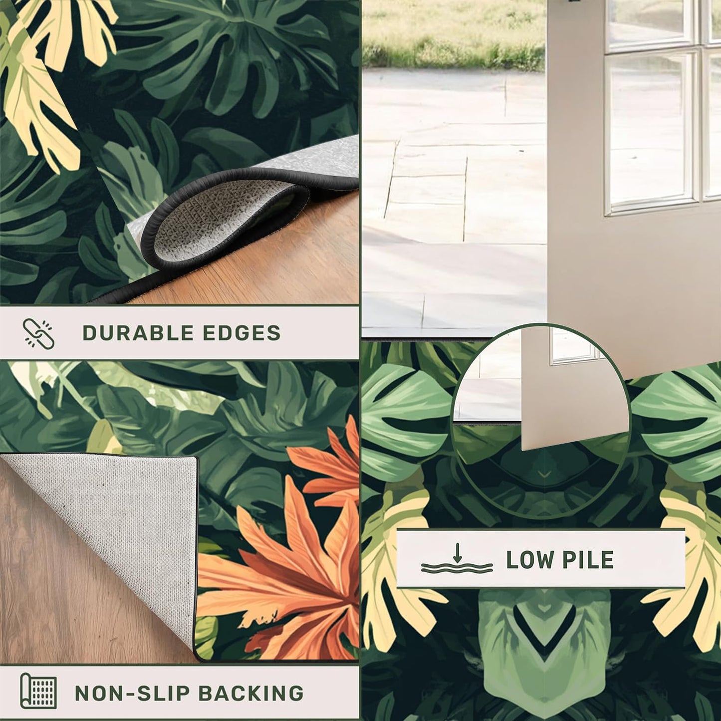 Tropical Leaves Runner Rug, 2x6ft, Hawaiian Bohemian Palm Leaf Monstera Plant Runner Hallway Rug, With Rubber Backing Green Leaf Soft Floor Rug for Bedroom Kitchen Dining Room Laundry Room - Green