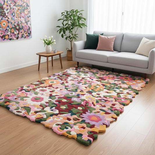 Restoration and Renovation Handmade Colorful Floral Viscose & Wool Area Rug - Spring Garden Overflow The Frame - Unique Irregular Shape Flower Rug | Perfect for Home Decor (Colorful-Viscose, 5' x 8')