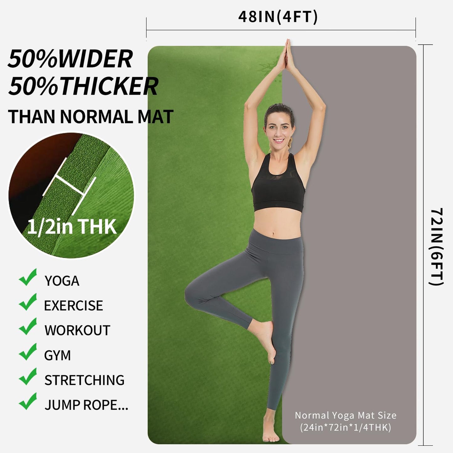 Hatha Yoga Large TPE Yoga Mat 6'x4'x1/2" Extra Thick Non-Slip Exercise Mat - for Yoga Pilates & Home Gym Workouts(Green)