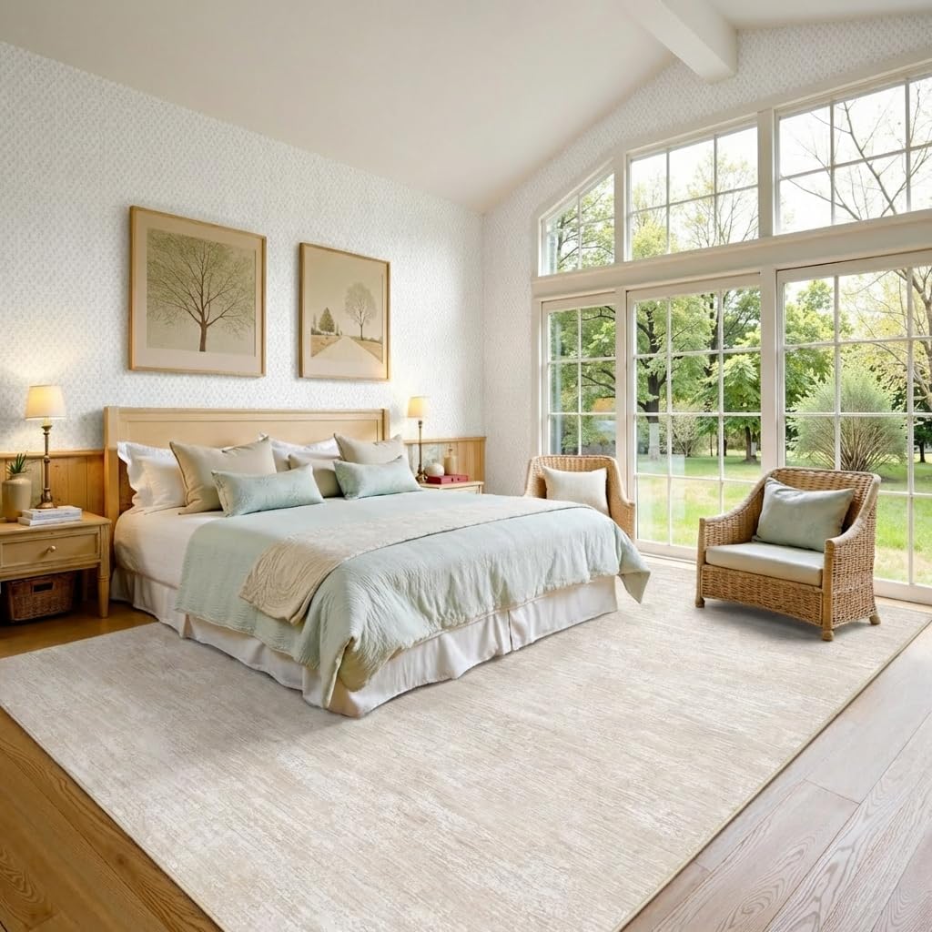 GarveeHome Bedroom Rugs 5x7 Solid Color Machine Washable Area Rugs for Living Room, Non Slip Non Shedding Modern Farmhouse Carpet Stain Resistant Low Pile Mats for Entryway Nursery Dining Room, Beige
